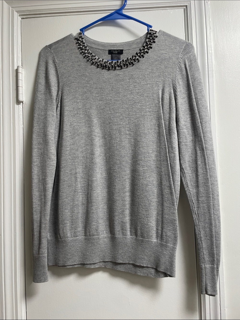 Ann Taylor Silver-Grey Jeweled Crewneck Sweater